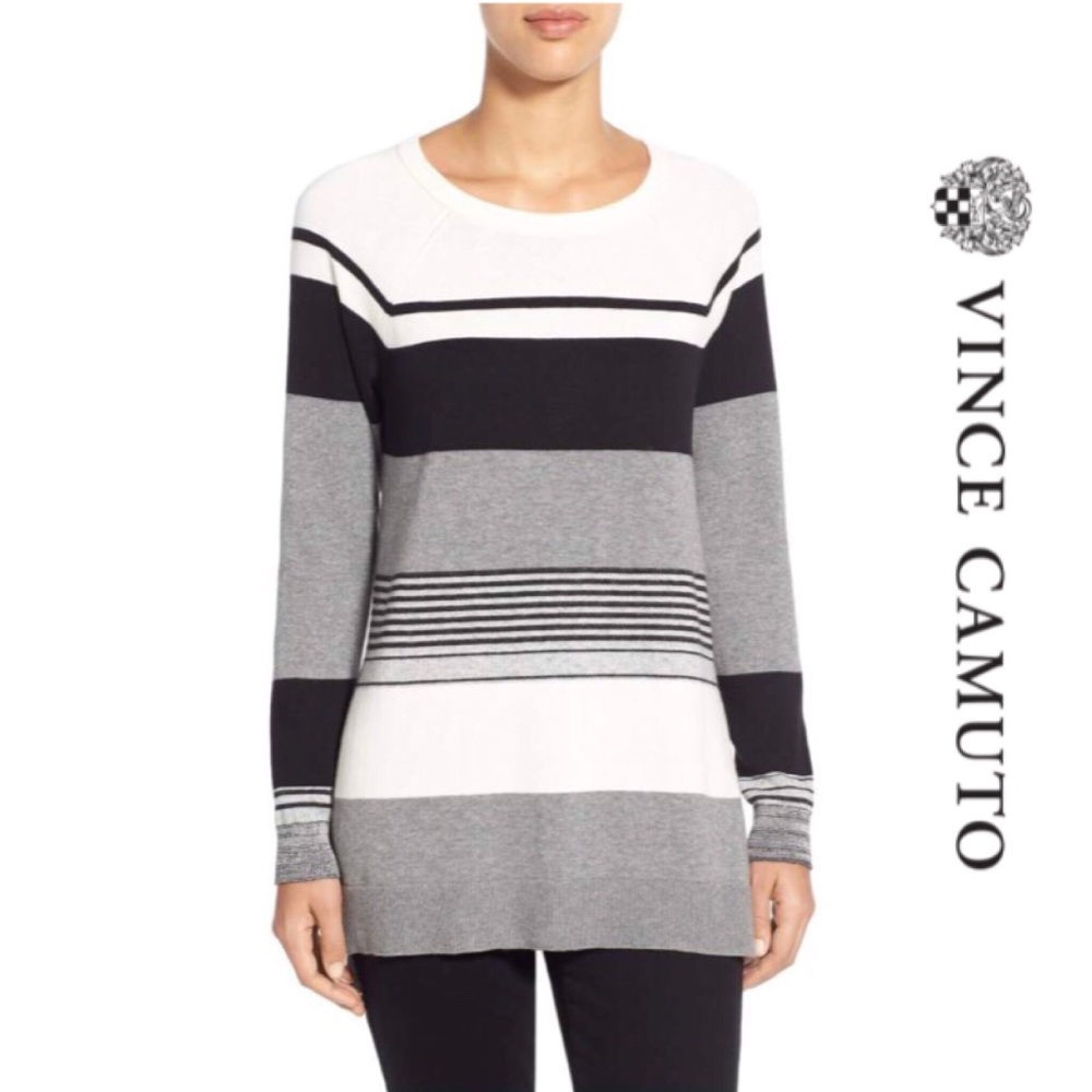NWOT {VINCE CAMUTO} Tunic Sweater in Black, White & Grey Stripe • Size XS - Picture 8 of 9